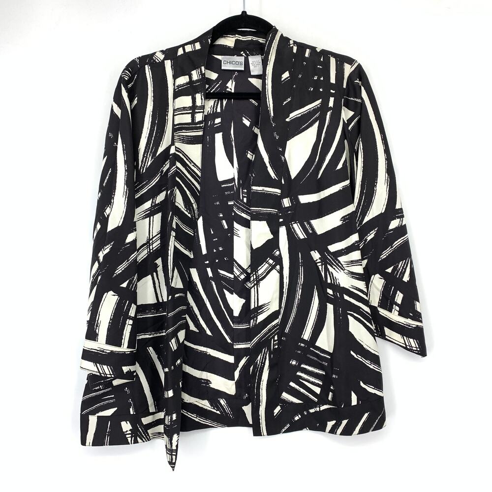 Chicos 3/4 Sleeve Button Front Jacket Womens 1 US M Black White Abstract Print